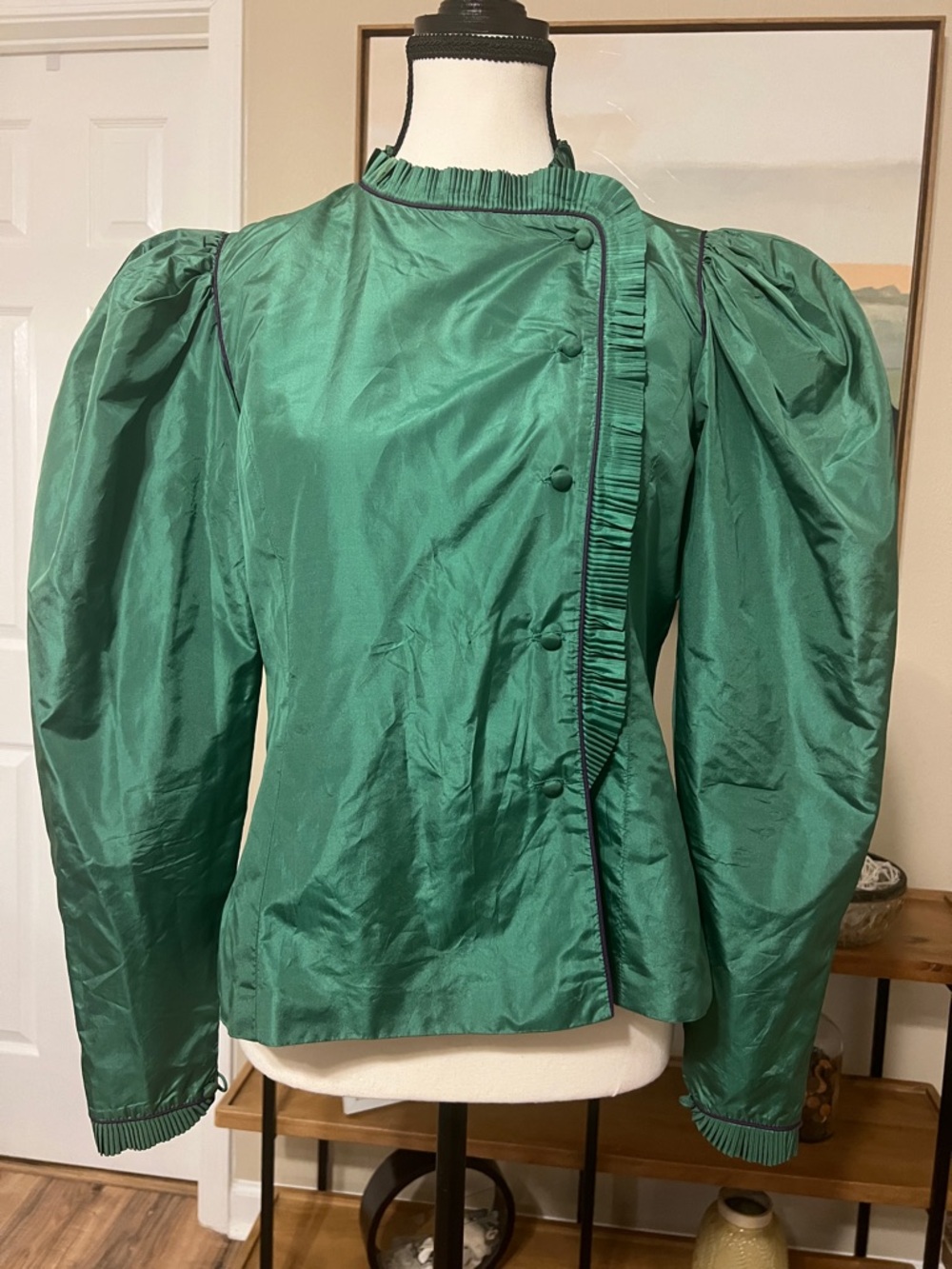 Albert Nipon Vintage 80s Emerald Taffeta Blouse Puff Sleeve Ruffle 10